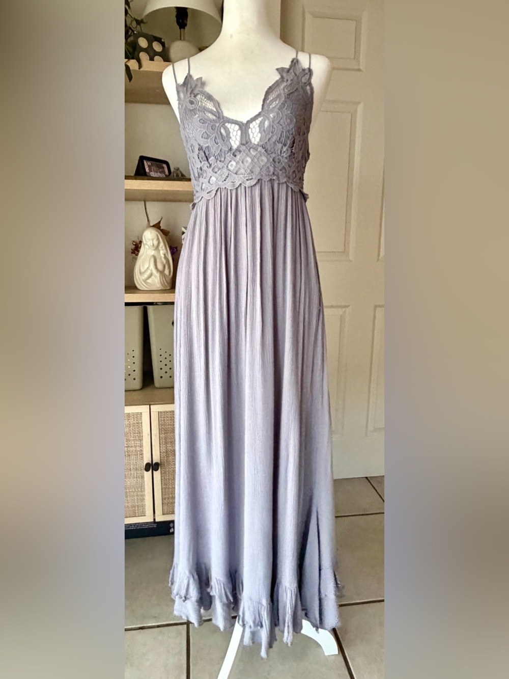 Free People FP One Adella Maxi Slip Dress S Slate lavender gry Crochet Lace boho